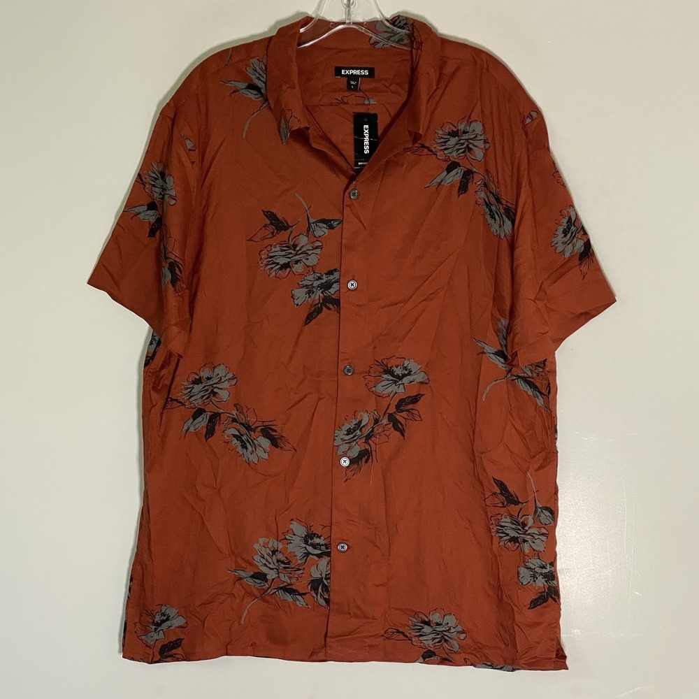 Express Shirt Mens Large Orange Floral Viscose Hawaiian Tropical Resort Cruise L